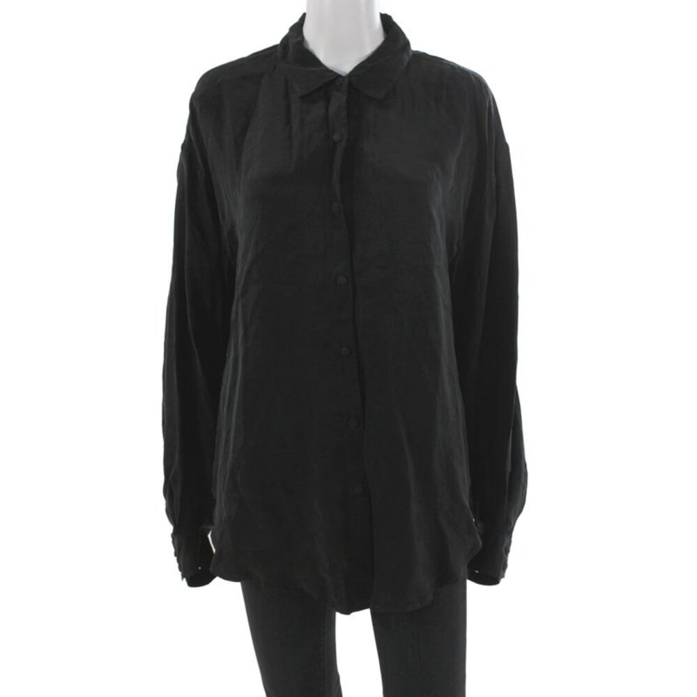 Left on Friday Women Basic Collared Long Sleeve Black Button-Up Cupro Size M